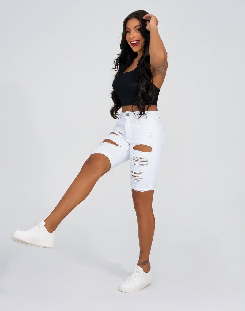 roswear Women's Ripped Denim Mid Rise Stretchy Bermuda Shorts Jeans White XL - Image 2